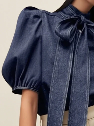 Imagen 2 del producto Camisas vaqueras suaves azules a la moda para mujer, novedad de verano, informal, con manga abombada, pajarita, Tops elegantes de calle para primavera para mujer para el trabajo