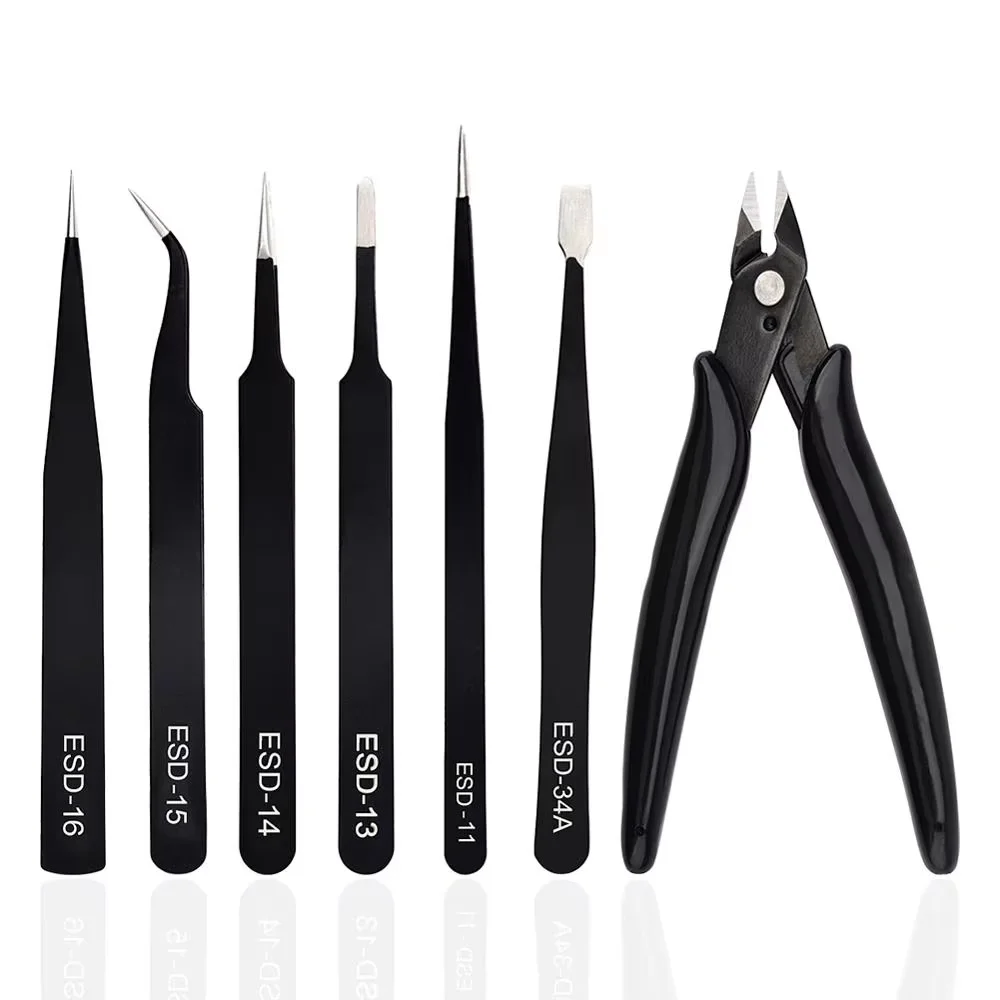 8pcs/Set ESD Stainless Steel Tweezers Precision Anti-Static Industrial Repair Tools Tweezers for Electronics Soldering Craft