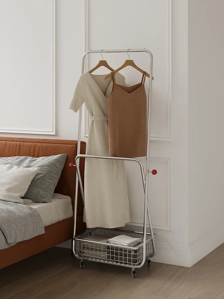 Nordic household mobile clothes rack porch stainless steel wheeled clothes rack bedroom simple floor-to-ceiling coat rack