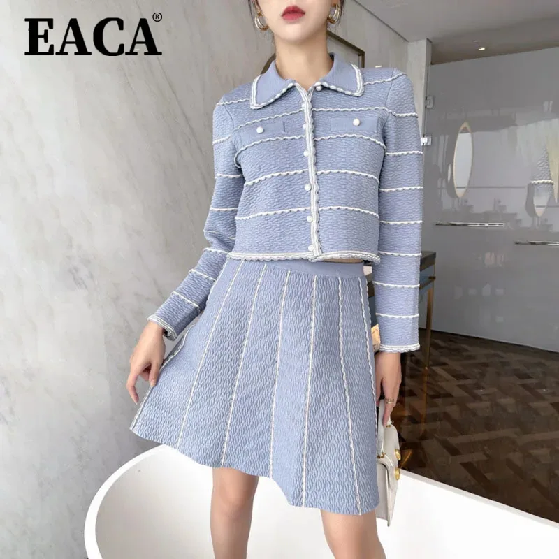 

EACA 2025 Autumn/Winter New Stripe Texture Pearl Button Knitted Cardigan+Half Skirt Set Two Piece Women's Fashion Style
