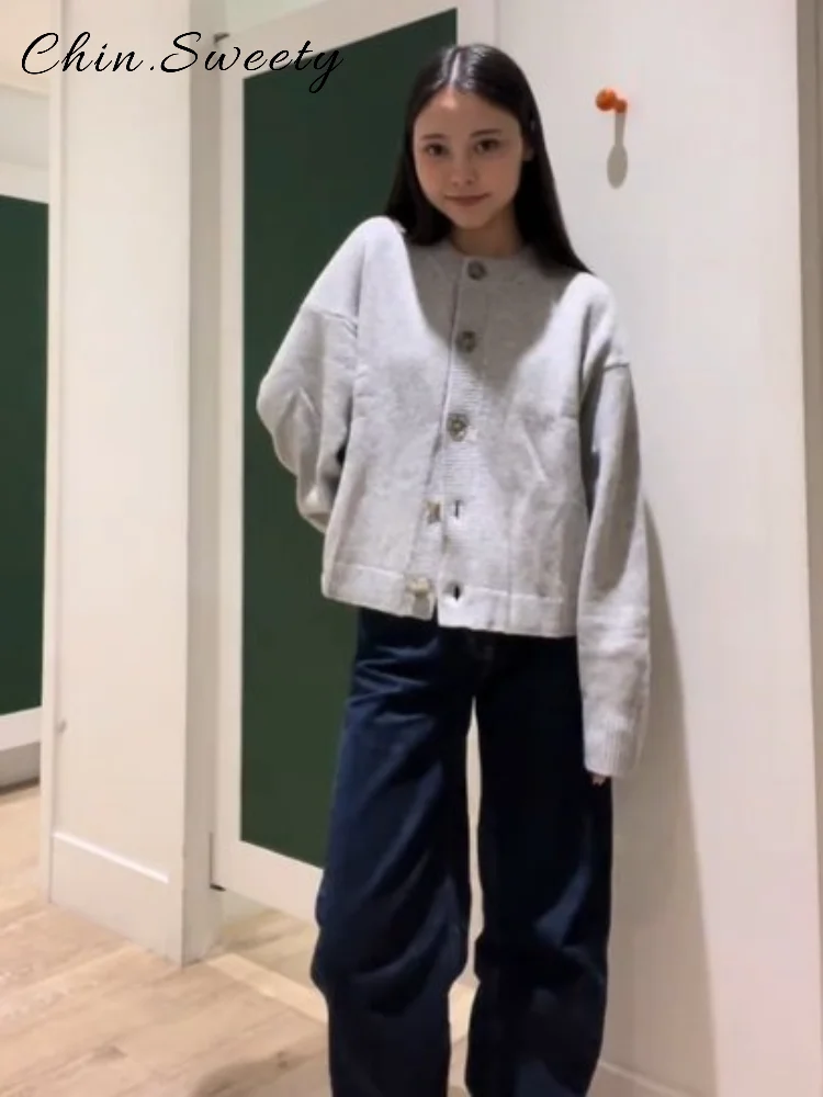 

Повседневный женский вязаный кардиган, однотонный свободный однобортный свитер с круглым вырезом и длинными рукавами, осень-зима 202, женские трикотажные изделия для поездок на работу