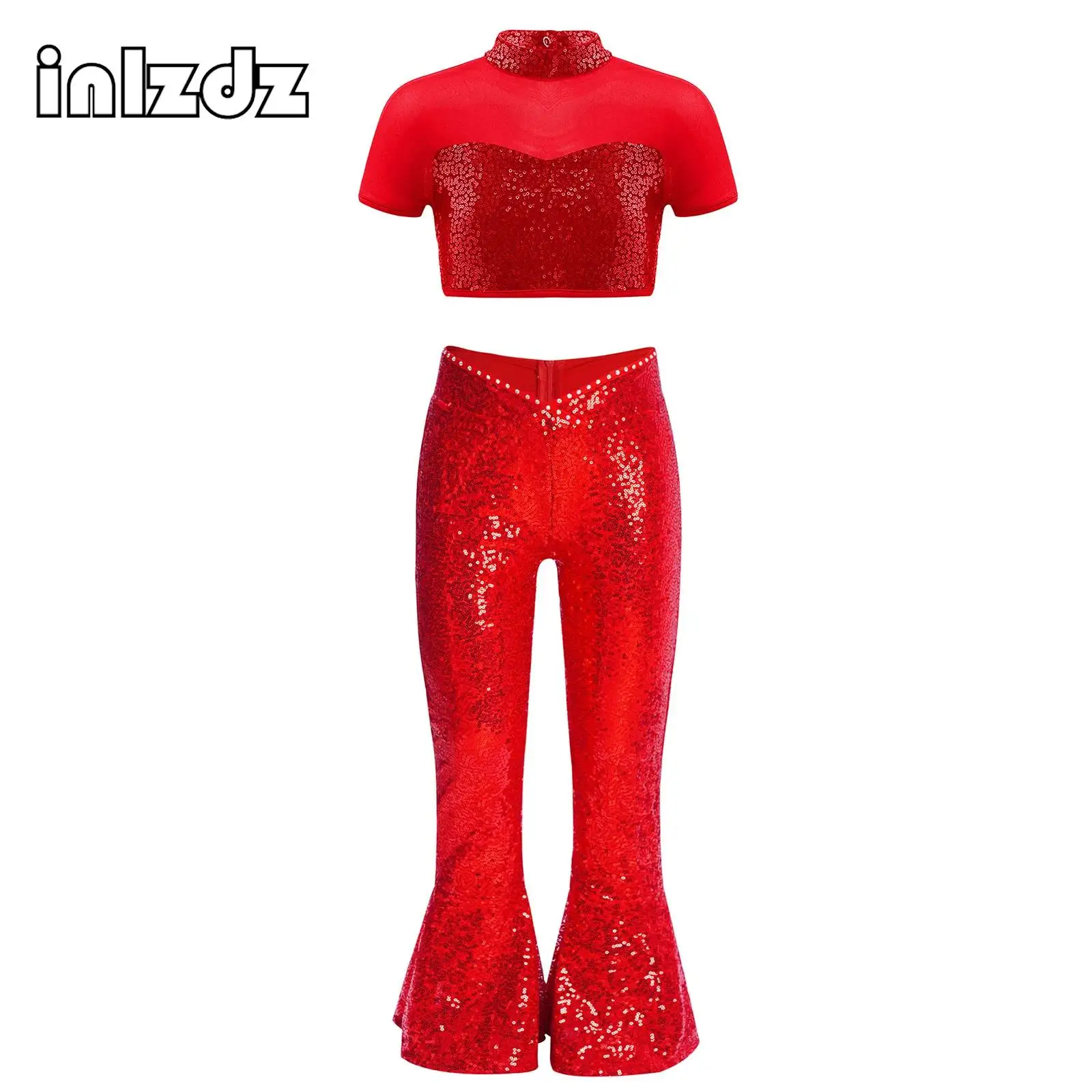 

Kids Girls Jazz Dance Outfit Mesh Patchwork Cutout Back Sequins Crop Top with V-Front Waistline Sequin Bell-Bottomed Pants