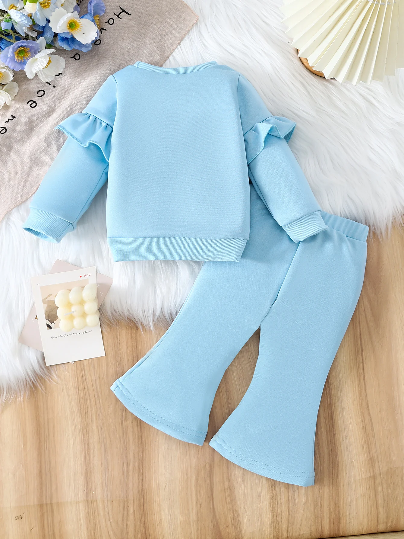 Girls Clothing Set Fresh Sweet Style with 3D Flower Decoration Shoulder Lace Hem Flared Pants Daily Comfortable Outfit