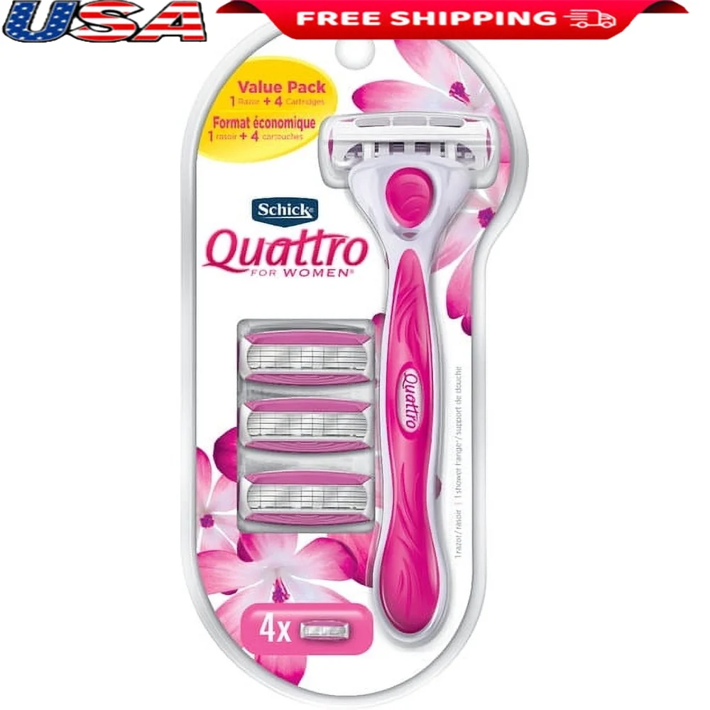 Women Razor with 4 Ultra-Thin Blades Conditioning Strips Aloe Vitamin E Pivoting Head Easy Grip Handle 1 Handle 3 Refills