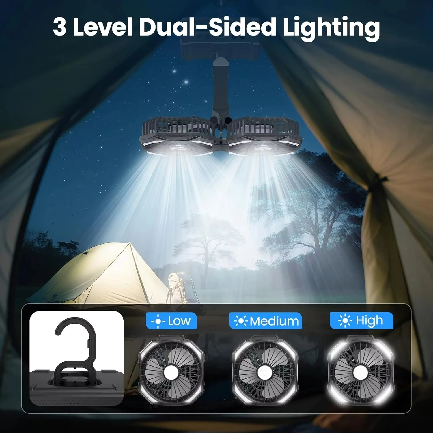 Camping Fan With LED Lantern USB C Rechargeable Multi Function For Jobsite Picnic Beach Tent