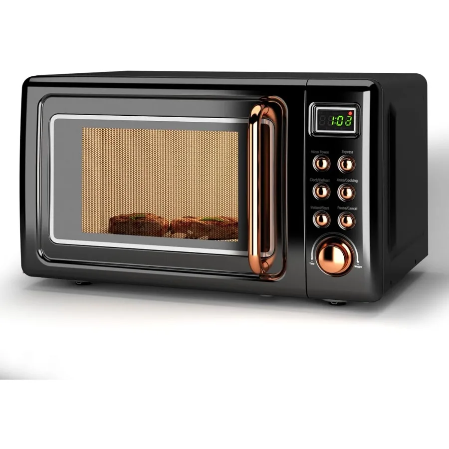 Forno a microonde piccolo retrò da 0,7 Cu.ft Microonde da appoggio compatto da 700 W con 5 livelli di potenza Menu di cottura automatico Giradischi in vetro Ch