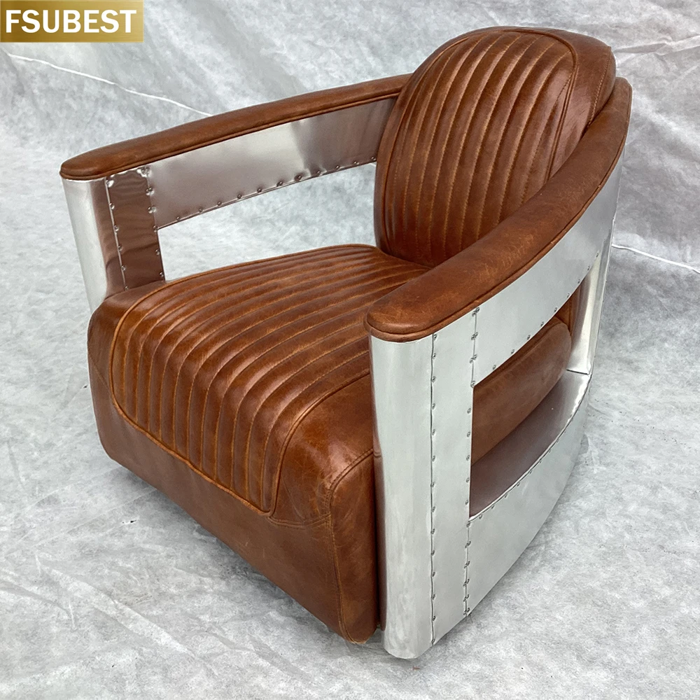 

FSUBEST Customized Aviator Armchair Tan Leather Rustic Style Industrial Vintage Distressed Leather Chair Stainless Steel Armrest