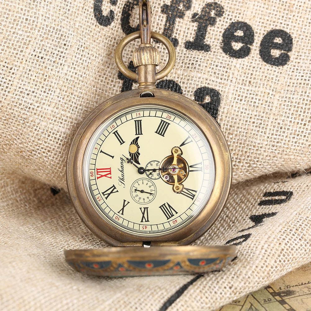 Vintage Luxury Copper Mechanical Self Winding Pocket Watch Hollow Double Hunters Pendant Clock Tourbillon Automatic Timepiece