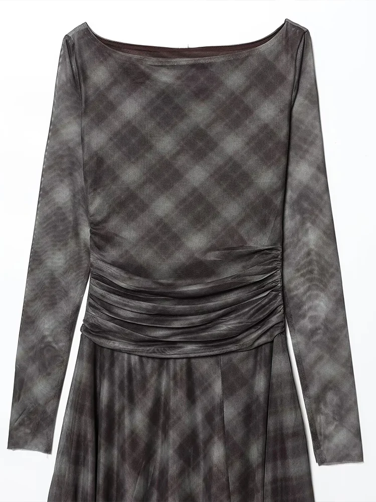 النمط الأوروبي والأمريكي الخريف موضة جديدة الملابس النسائية غير النظامية مطوي مزاجه سليم فستان منقوش من التول #3