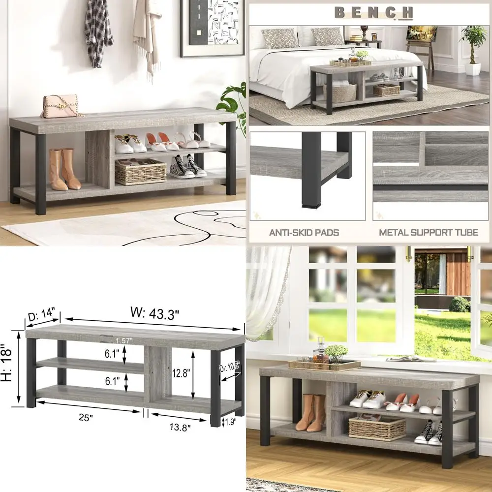 مقعد تخزين الأحذية الخشبي العتيق، رف المدخل على الطراز الصناعي مع مقعد للممر وغرفة النوم وغرفة المعيشة