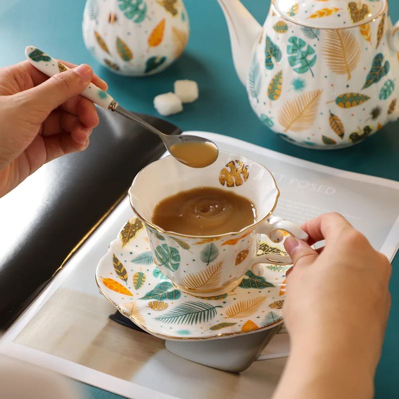 Porcelain Coffee Saucer Set, Jade Leaves, European Bone China, Tea Cup, Luxury Porcelain Sugar Pot, Milk Jug, Party Home Drinkwa