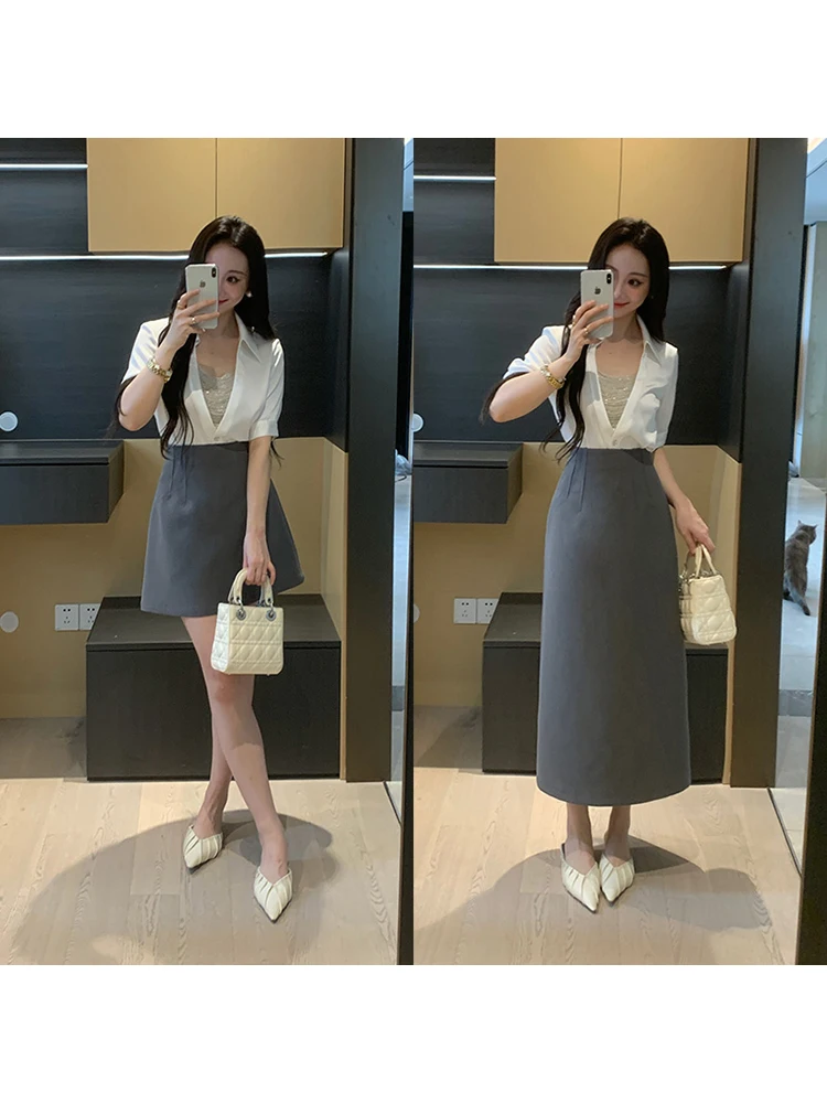 

Летний комплект XINYI【Starlight】: двусторонняя шелковая рубашка и юбка-полусолнце, модный женский ансамбль с высокой талией, коротким рукавом и отложным воротником