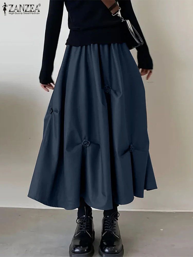 ZANZEA Women Elastic Waist Midi Skirt Simple Oversized Korean Style Skirts 2024 Casual Rose Design Overskirt Chic Pleats Faldas