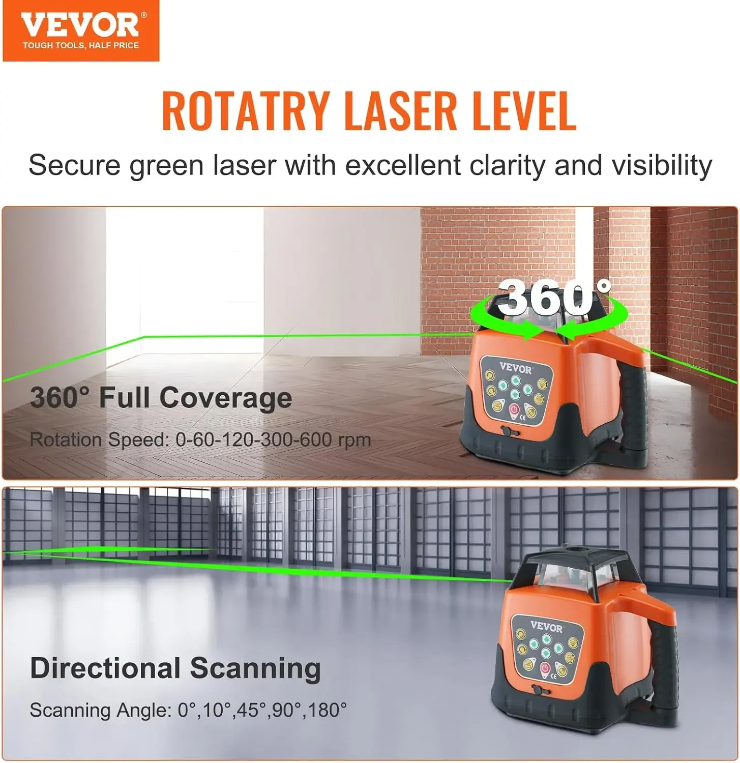 Rotary Laser Level 2000ft,360 Degree Self Leveling Green Cross Line Laser,5 Rotation Speeds&4 Scanning Angles Adjustment,IP66 Wa