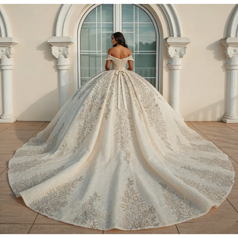 Custom Luxury Champagne Sequin Ball Wedding Dress Elegant Off Shoulder Bridal Gown Cathedral Train Plus Size Vestido De Novia
