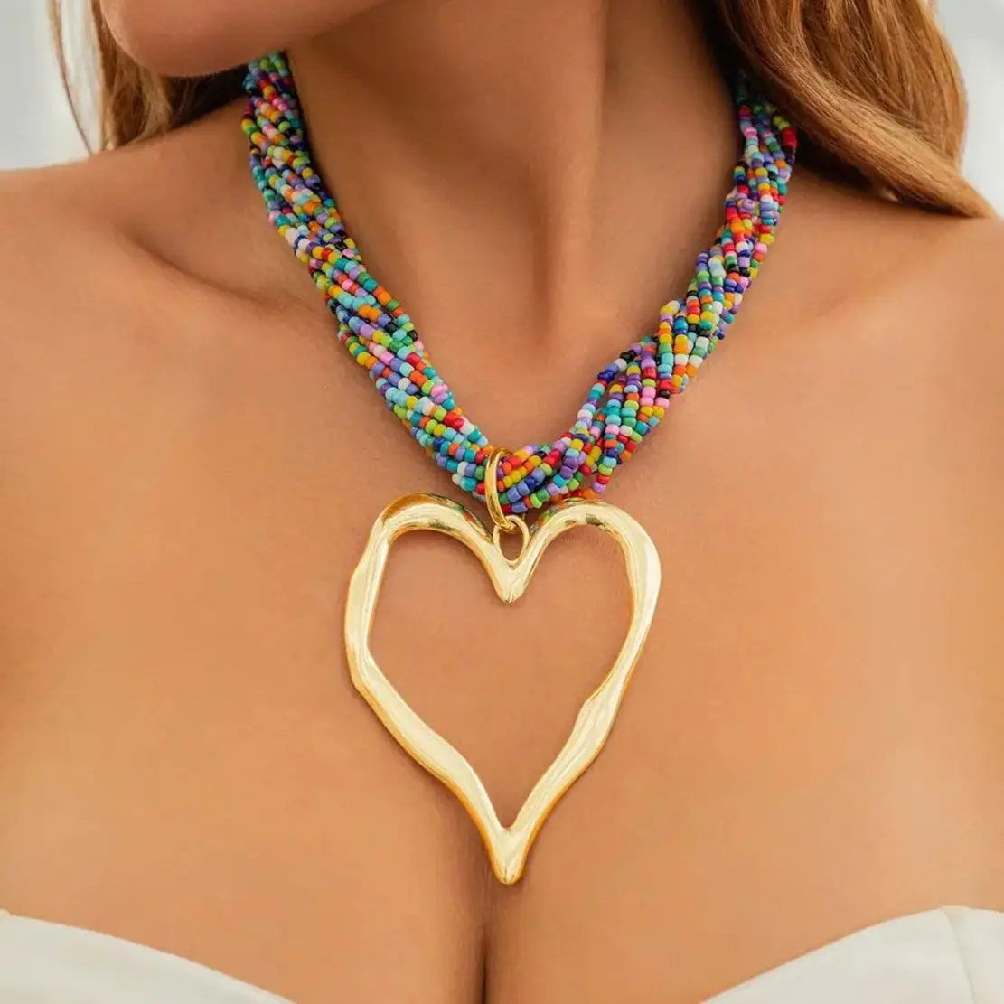 DIEZI Bohemian Multialyer Acrylic Beads Choker Necklace For Women Punk Fashion Big Heart Pendant Statement Collar Neck Jewelry