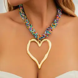 DIEZI Bohemian Multialyer Acrylic Beads Choker Necklace For Women Punk Fashion Big Heart Pendant Statement Collar Neck Jewelry