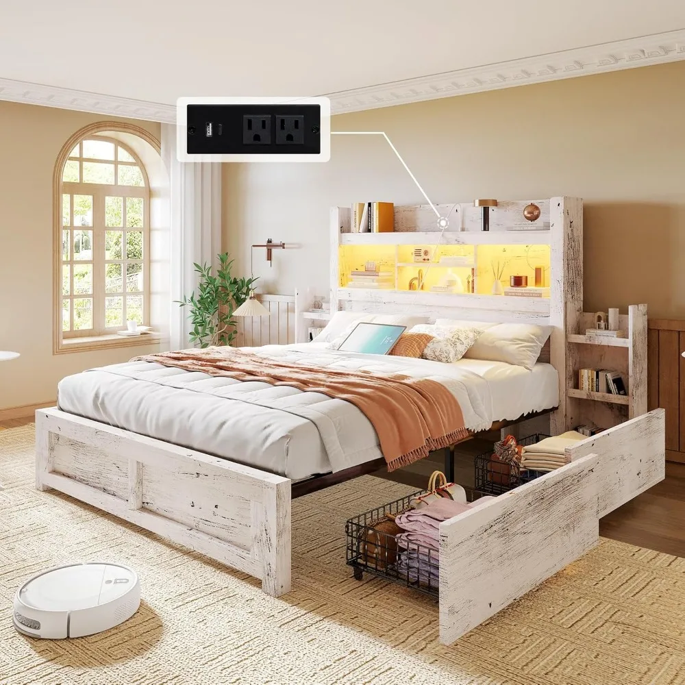 

Queen Bed Frame with 49.6" Bookcase Headboard & 4 Drawers & 2 Detachable Bedside Stoage Racks, Farmhouse Wood Beds Frame, Bed