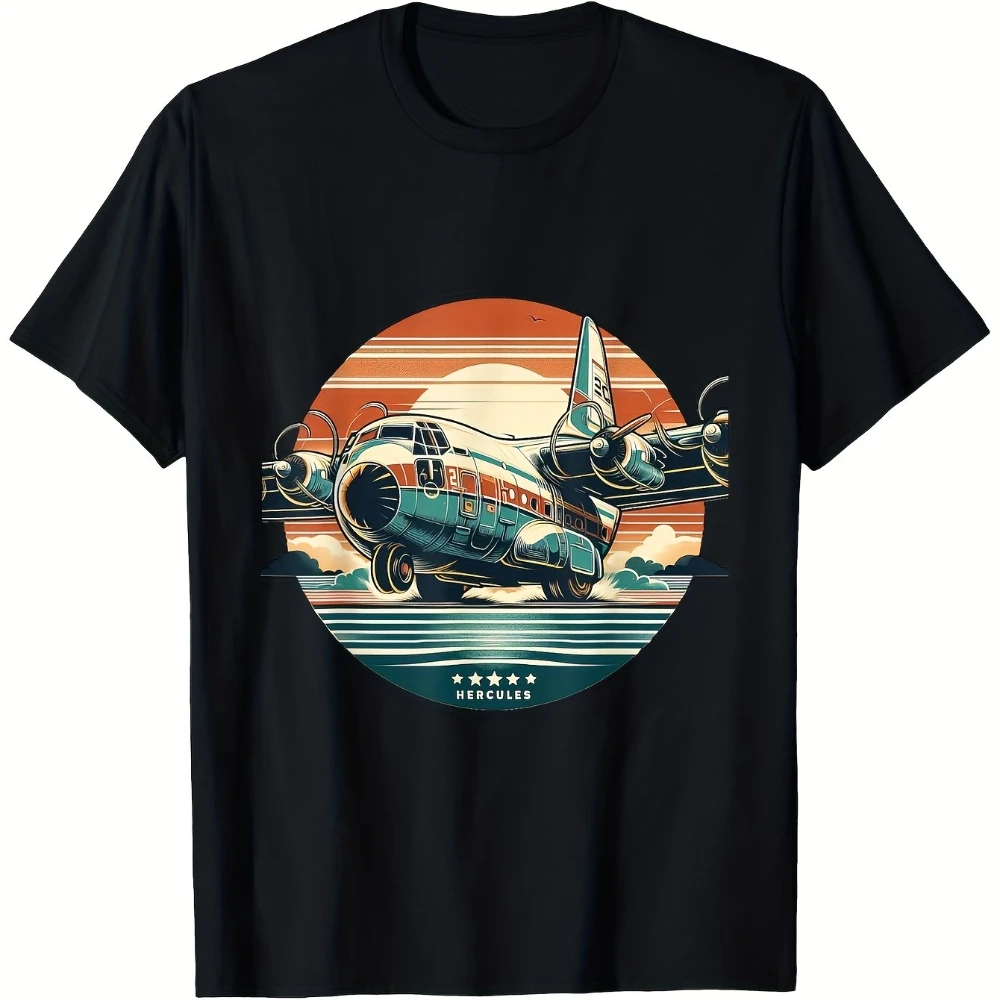 Camiseta Vintage para Hombre con Gráfico del Avión C-130 Hercules, Diseño Retro de Piloto al Atardecer, Camisetas para Hombre para el Verano