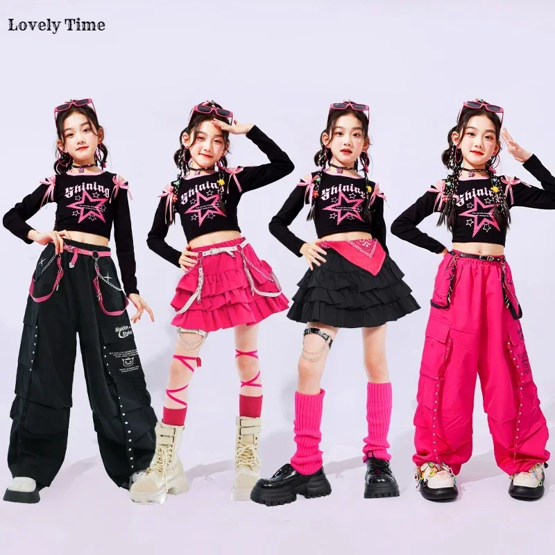 Hip Hop Girls K-pop Off Shoulder Crop Top Cargo Pants Kids Streetwear Skirts Jazz Costumes Child Sweet Street Dance Clothes Sets