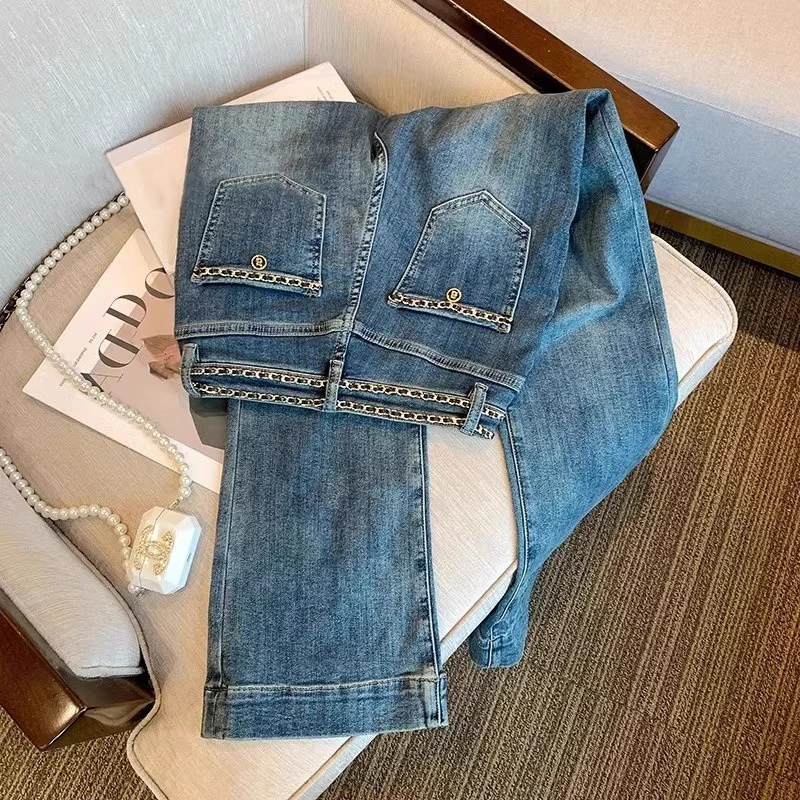 

Тканые джинсы с высокой талией, повседневные прямые брюки с микро-расклешенными брюками для женщин, модный дизайн с цепочкой в стиле ретро, осенняя зима...