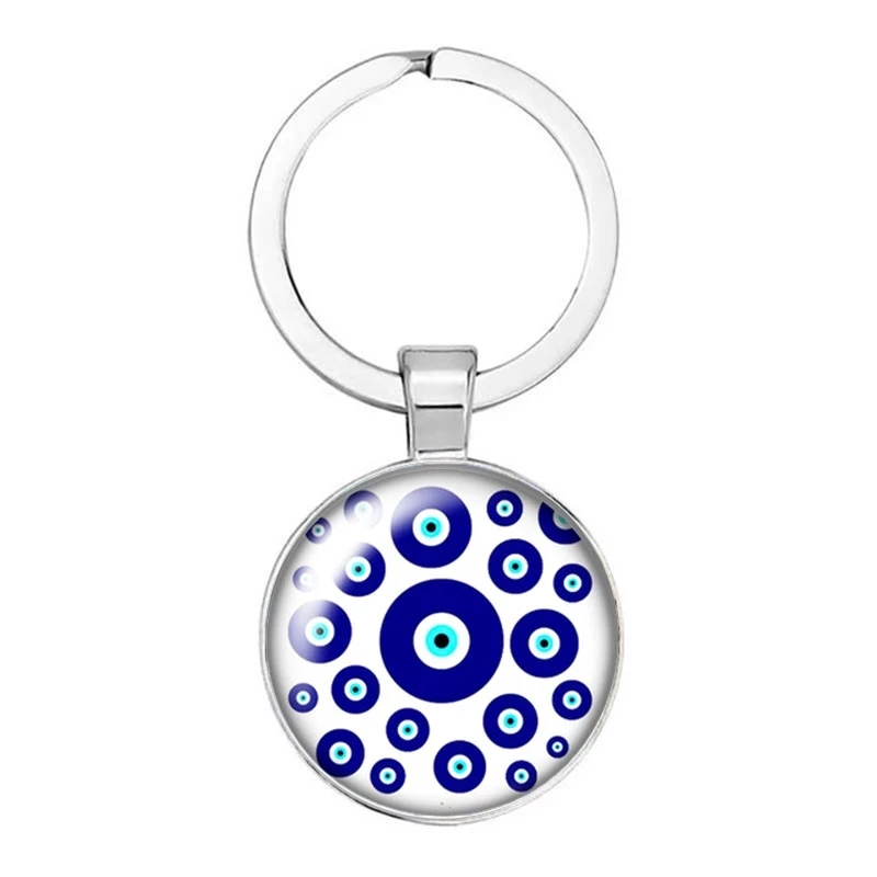 Hot Vintage Beautiful Blue Evil Eye Religious Photo Round Glass Cabochon Keychain Car Key Ring Ring Holder Charm Jewelry Gift Ke