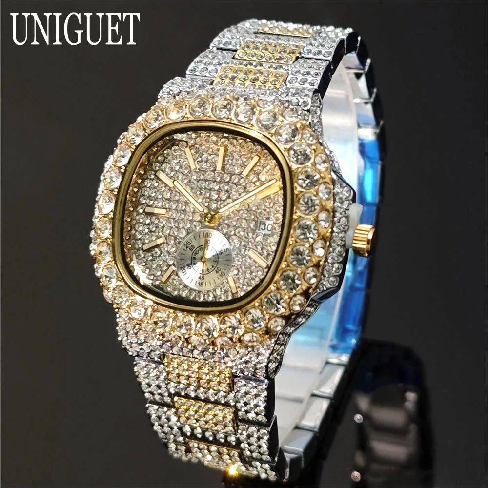 Luxury UNIGUET Men's Quartz Watch Fashion Square Hip Hop Diamond Waterproof Sparkling Party Jewelry Watches Man Hot Sale Product