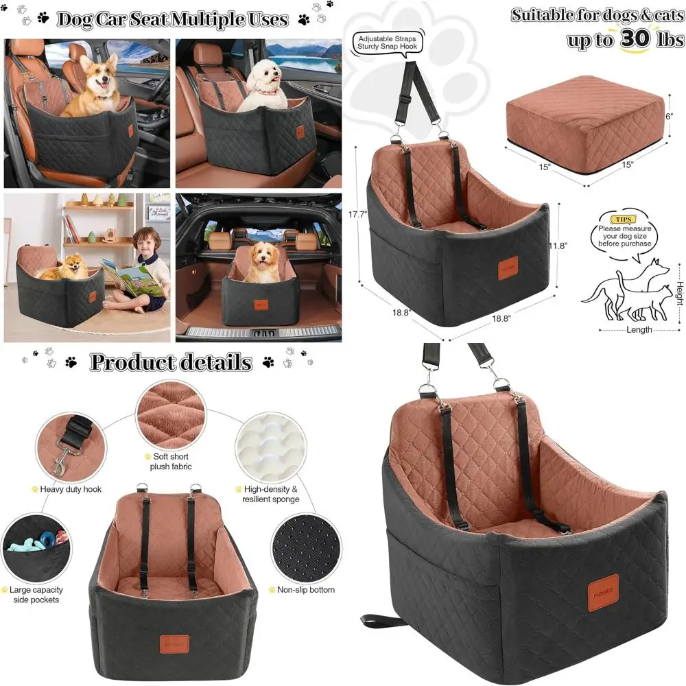 

Автомобильное кресло для собак мелких/средних пород, с пеной с эффектом памяти, моющаяся обивка, безопасность в дороге, карманы для хранения, до 35 фунтов (черный/коричневый, средний размер)