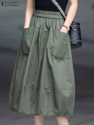 ZANZEA Women Elastic Waist Midi Skirts Holiday Cargo Long Skirt Casual Loose Solid Korean Jupe 2024 Summer Straight Pleats Falda