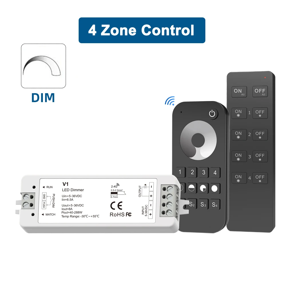 

DC 5V 12V 24V 36V LED Dimmer for Single Color Strip Light V1 Dimming Controller with 4 Zone 2.4G RF Switch Remote Control
