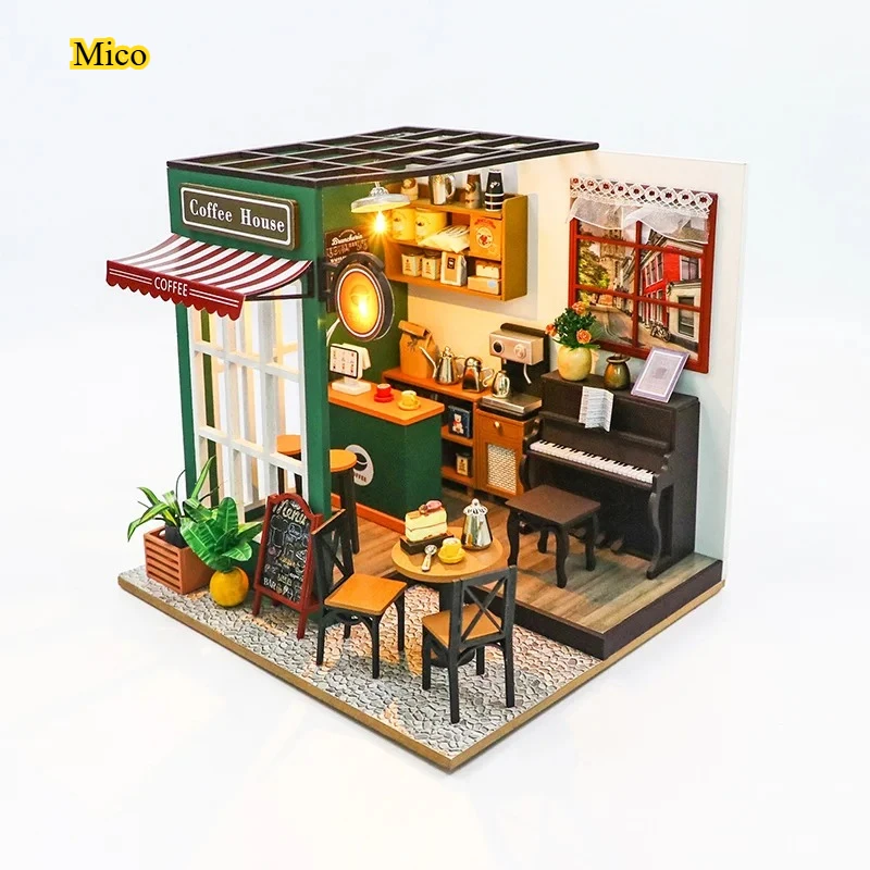 

DIY 3D Wooden Puzzle Miniature Dollhouse Handmade Assembly Model Coffee House Desktop Ornament Home Decor