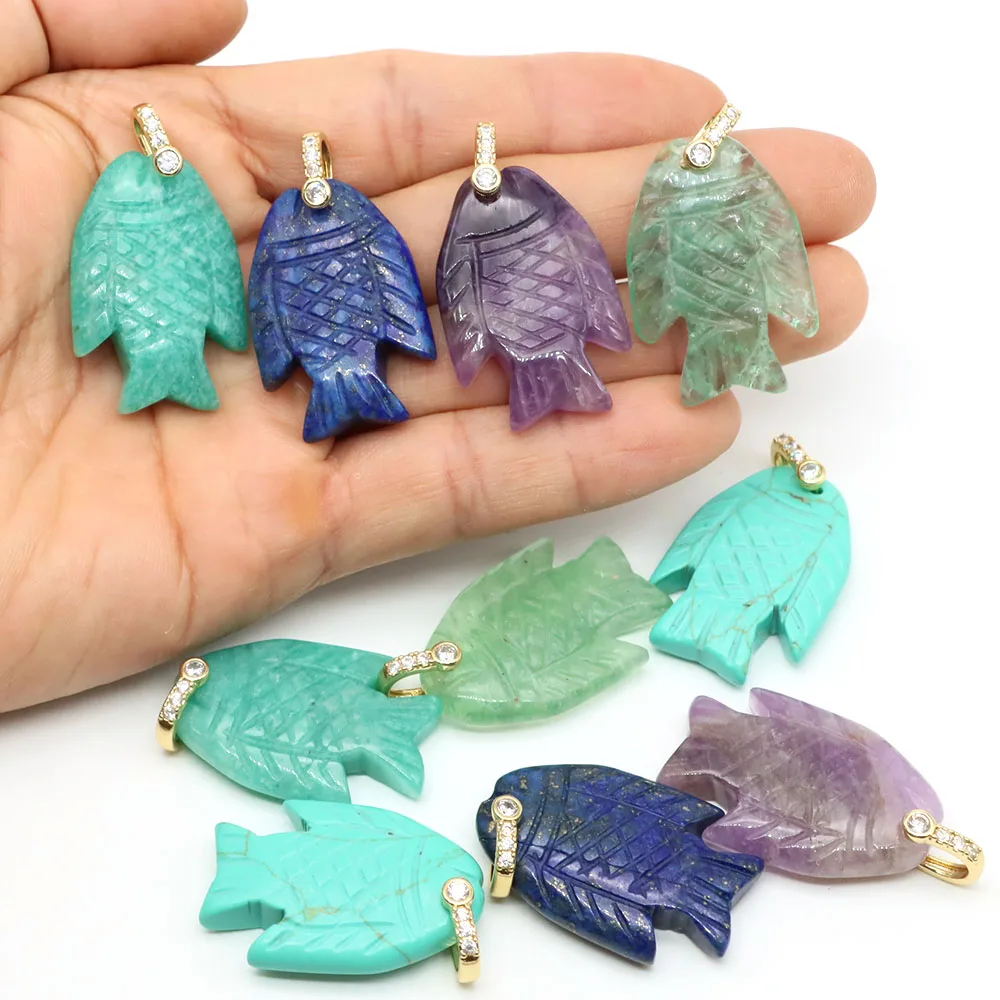 33mm Natural Stone Fish Shape Pendants Amazonite Amethyst Rose Quartz Crystal Charms For DIY Bracelet Necklace Jewelry Making