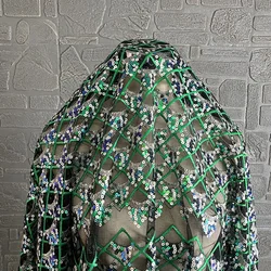 Green Grid Sequins Embroidered Mesh Fabric Colorful Dress Dress Bag Clothing Designer Fabric