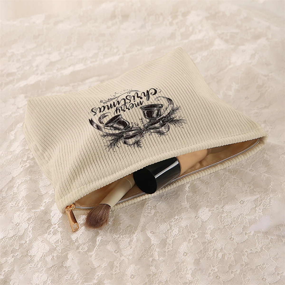 1 bolsa de maquillaje de pana con temática navideña, caja de almacenamiento de maquillaje ligera con cremallera, bolsa multifuncional con forro