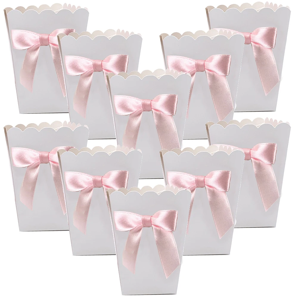 10 Uds. Cajas de palomitas de maíz con lazo rosa, bolsa de papel, caja de recuerdos, lazo para Baby Shower, fiesta de cumpleaños, despedida de soltera, recuerdos de fiesta de boda