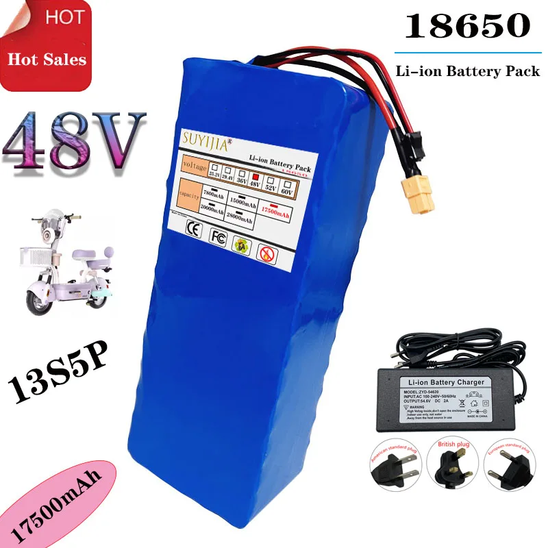 Batterie 13S5P au Lithium 18650 48V 17500mah  BMS Intelligent Intégré pour Machines Électriques 250-1000W + Chargeur