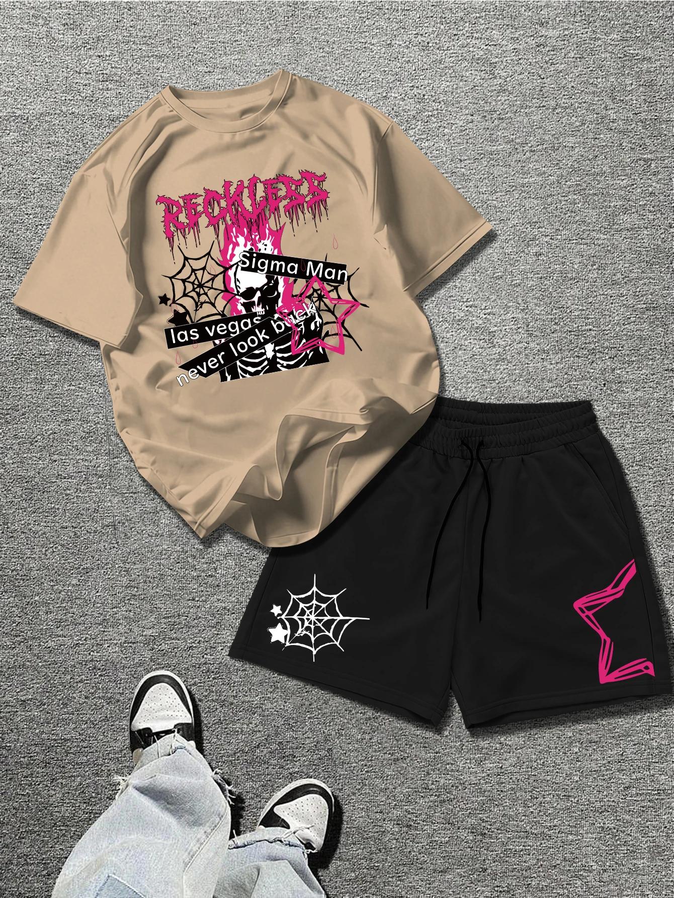 

Men 2 Piece Set Gothic Skull Spider Web Print Short Sleeve T-Shirt & Shorts Summer Casual Streetwear Tracksuit