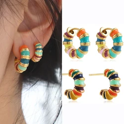 Vintage Colorful Enamel Round Circle Small Hoop Earrings for Women Cute Rainbow Bamboo Knots Gold Huggies Ear Studs Jewelry Gift