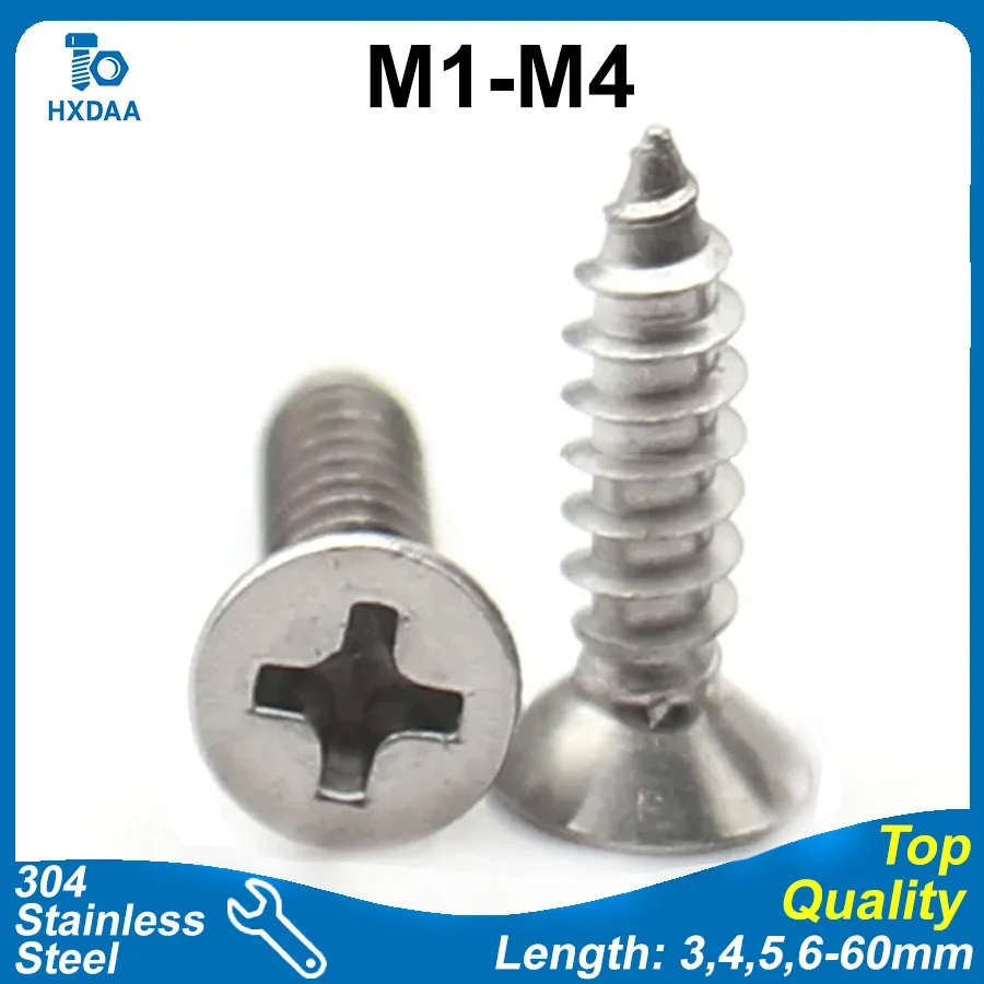 M1 M1.2 M1.4 M1.5 M1.7 M2.3 M2.6 M3 M3.5 M4 304 Stainless Steel Cross Recessed Countersunk Self Tapping Screws Flat Head Screw