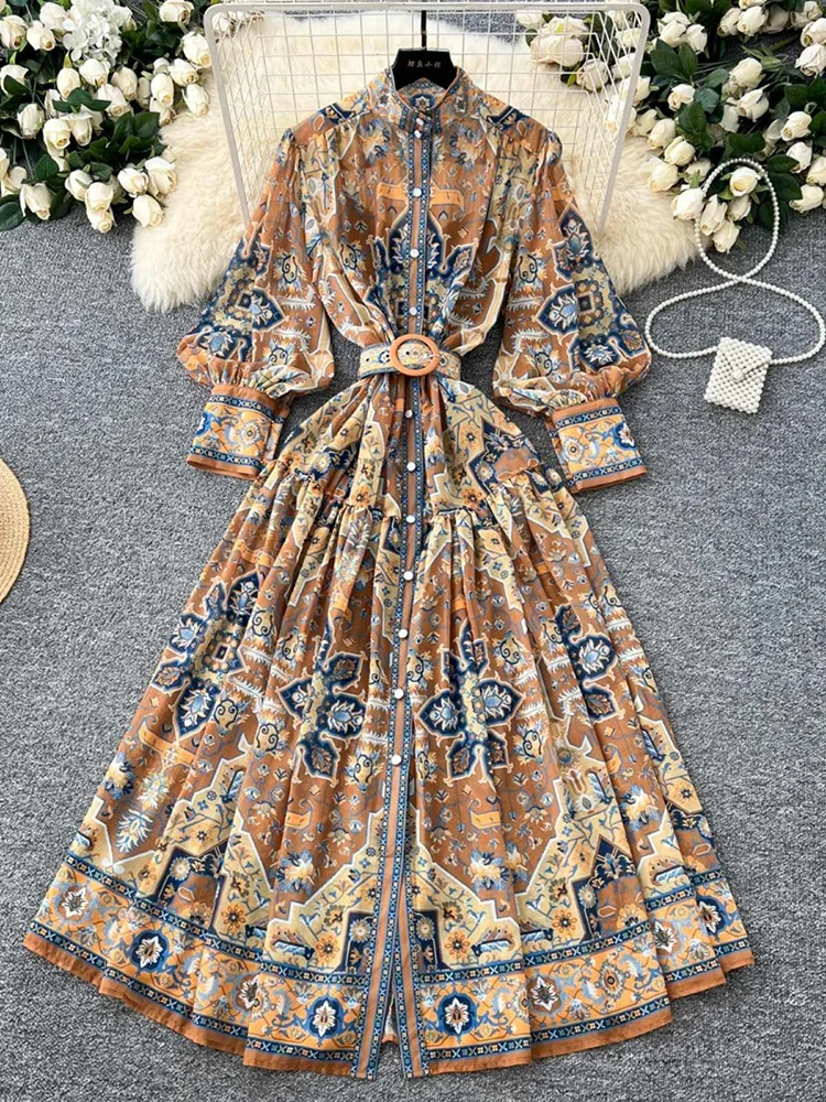 

New Retro Court Printed Lapel Lantern Sleeve Cinched Waist Single Breasted Dress Women's Long Sleeved Elegant Long Dress C17