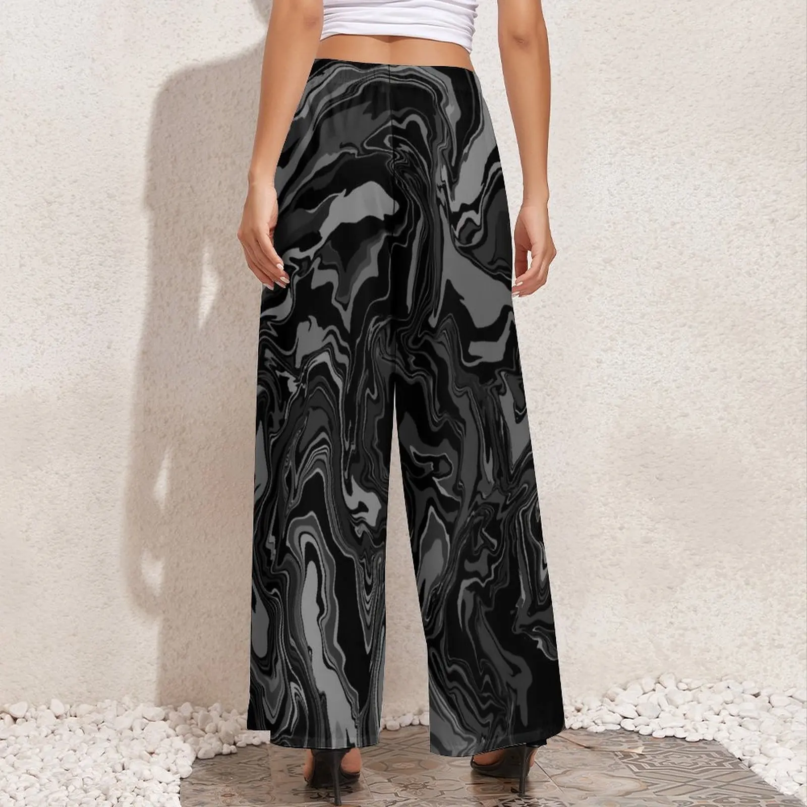 Black Tie Dye Pants High Waist Liquid Print Office Trousers Street Style Pattern Wide Pants