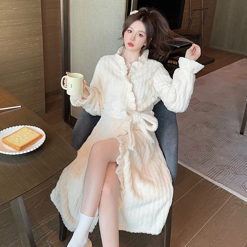 جديد الشتاء طويلة الأكمام سميكة الدافئة الفانيلا كيمونو الجلباب للنساء المرجان المخملية البشكير ملابس خاصة ملابس المنزل فستان النوم فستان سهرة