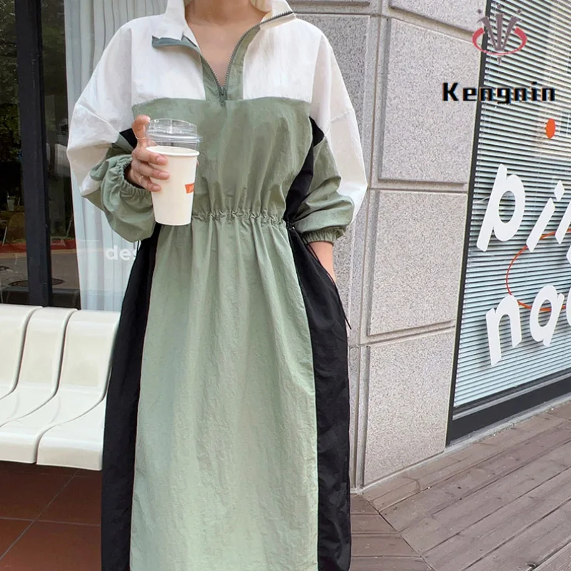 Autumn Women Dressse Loose Plus Size Patchwork Color Vestidos Elastic Waist Tunic Simple Female Robe Casual Clothing KE3684