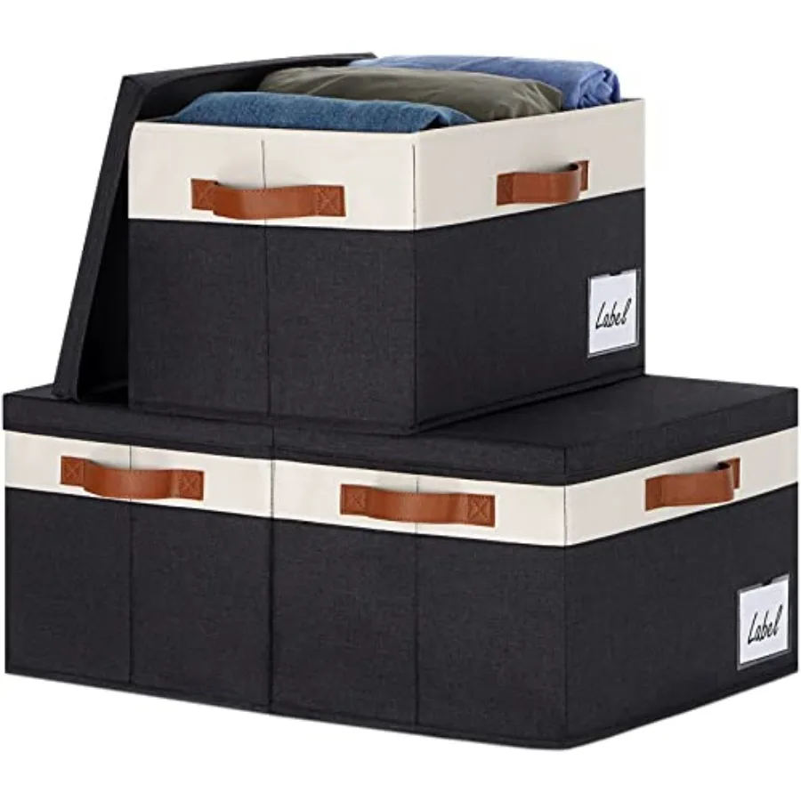 

Foldable Fabric Storage Boxes with Lids and Handles Storage Baskets with Lid and Label for Home Office 3 Pack Black 15.75" x 11
