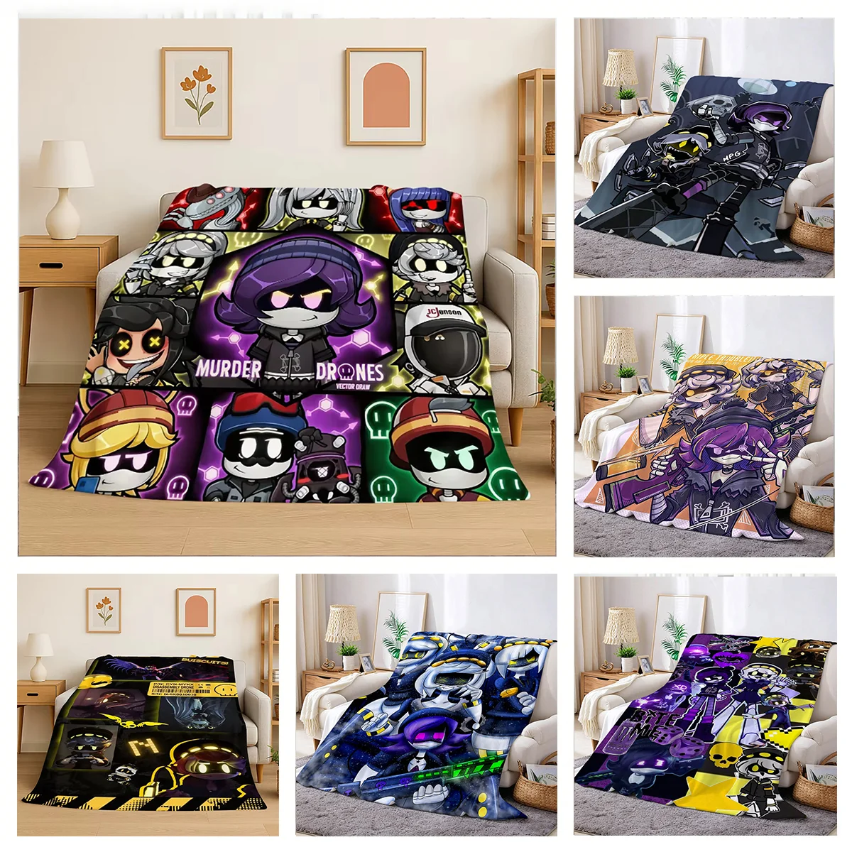 Cartoon M-Murder D-Drones U-Uzi V Robot Flannel Blanket Soft Throw Art For Wall Home Decor Bedroom Sofa Naps Picnic Gift Present