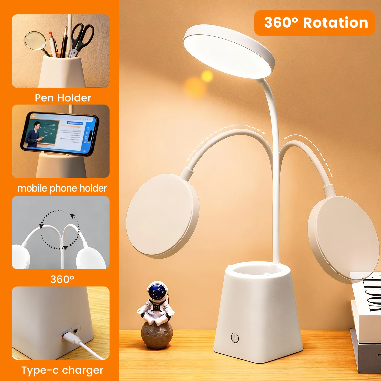 مصباح مكتبي LED يعمل باللمس مع حامل قلم 3 ألوان 360 درجة ° دوران القراءة مصباح ضوء الليل USB شحن غرفة الدراسة أباجورة