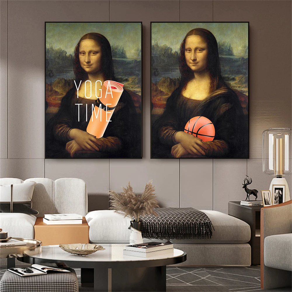 Mona Lisa with Yoga Mat Poster Yoga Time quote print Oil Painting Renaissance Altered Art Wall Art Funny Canvas Painting Decor