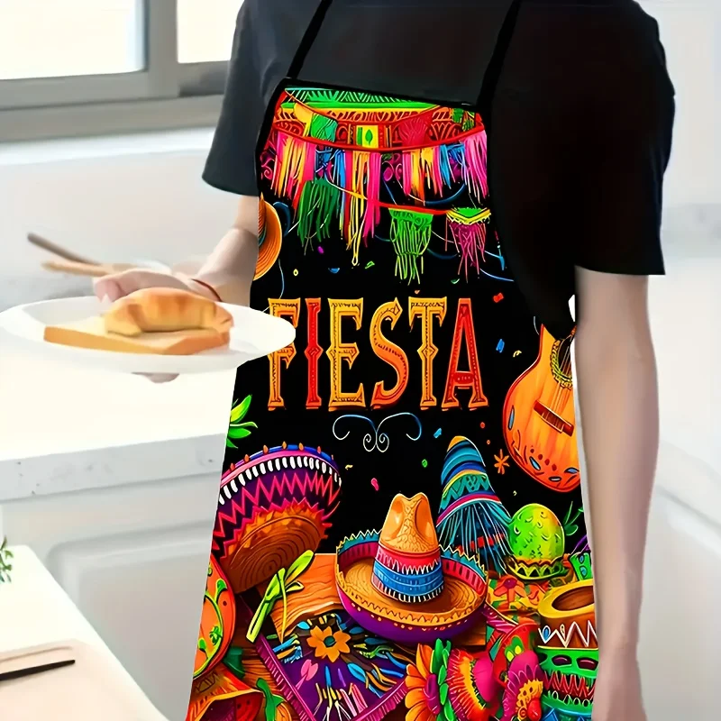 Vibrant Mexican Fiesta Apron with Cactus, Guitar, and Sombrero Print - Colorful Polyester Party Decoration for Kitchen or Dining