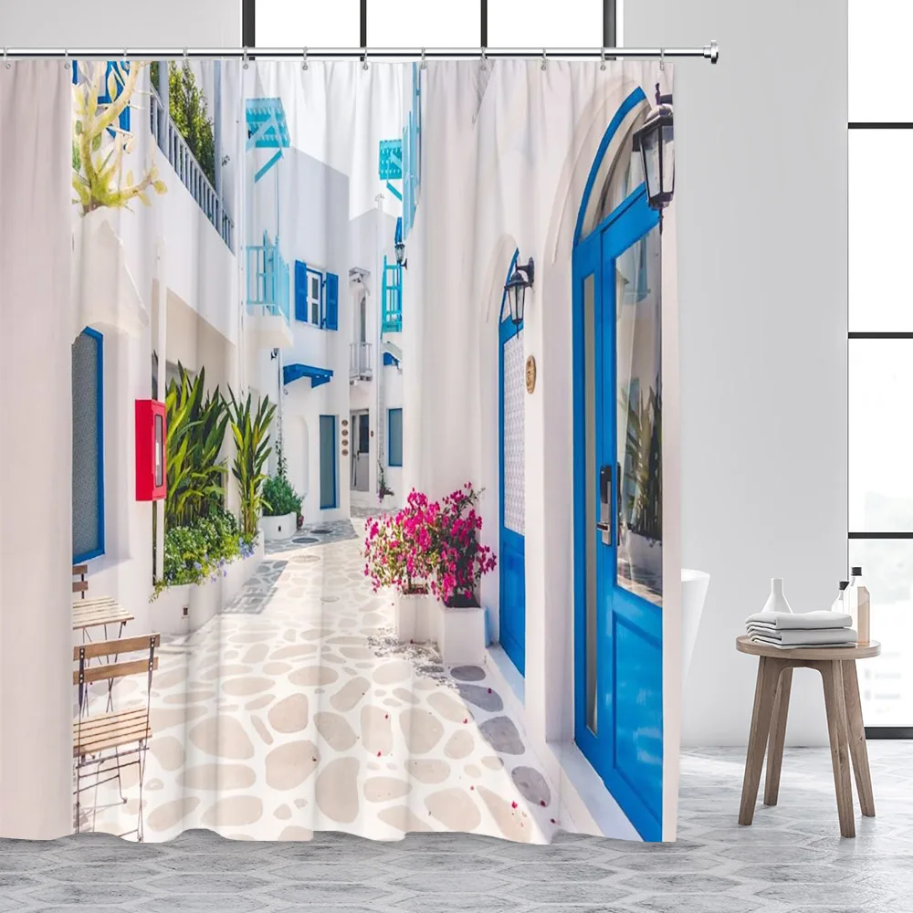 Greek Mediterranean Shower Curtain Purple Flowers Blue Door Window White Architecture Nature Landscape Bathroom Curtains Decor