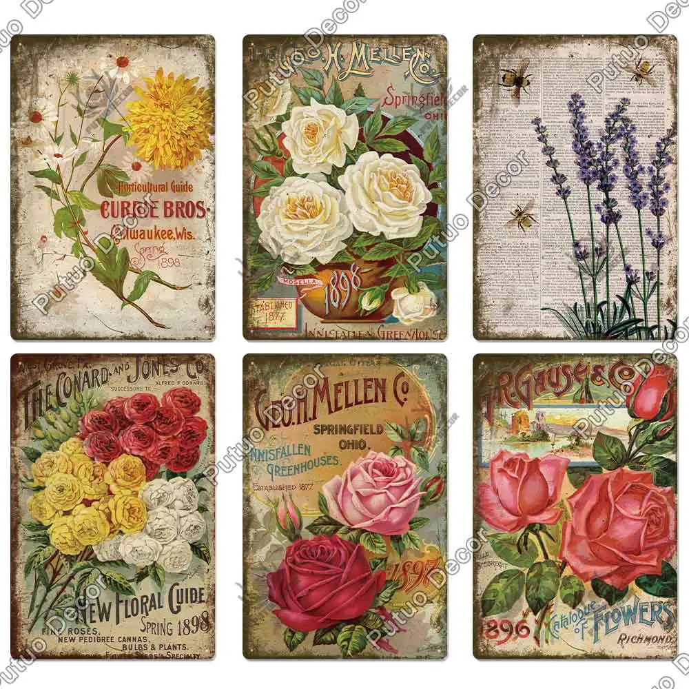 Putuo Decor Flower Vintage Metal Sign Tin Sign Decorative Plaque Garden Living Room Kitchen Club Decor Wall Decoration